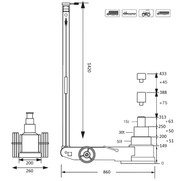 Pneumatic hydraulic jack 50T - 30T - 15T (7)